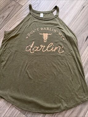 District Olive Graphic Halter Tank with Faded Tan Script